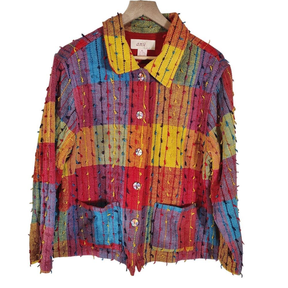 Vtg Boho Art to Wear Jacket Womens Size XL Multicolor Textured Cotton Buttons